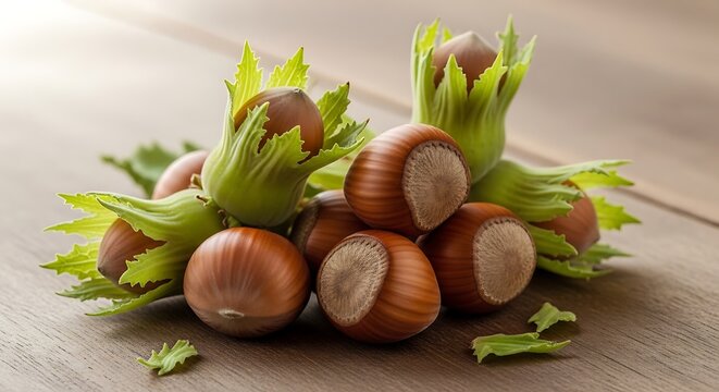 Fresh Brown Hazelnut Cluster Arranged on Rustic Wooden Table
