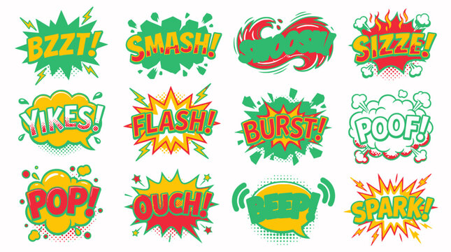 Green and red comic sound effect bubbles set.