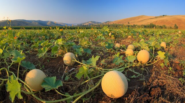 fertile. A sunlit field is filled with ripe melons on twisting vines. tutorial guides, club newsletters, designed for tourism and weekend activity guides, supports event promotion.