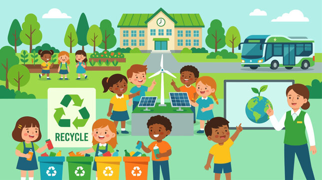 Crian&ccedil;as aprendendo sobre sustentabilidade e reciclagem em um ambiente escolar com energia renov&aacute;vel e transporte ecol&oacute;gico.