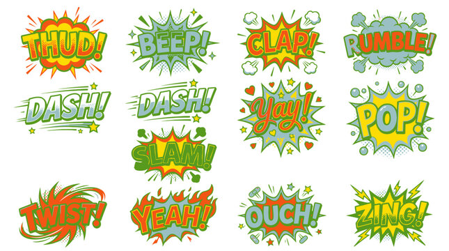 Green and yellow comic speech bubbles with Thud and Beep.