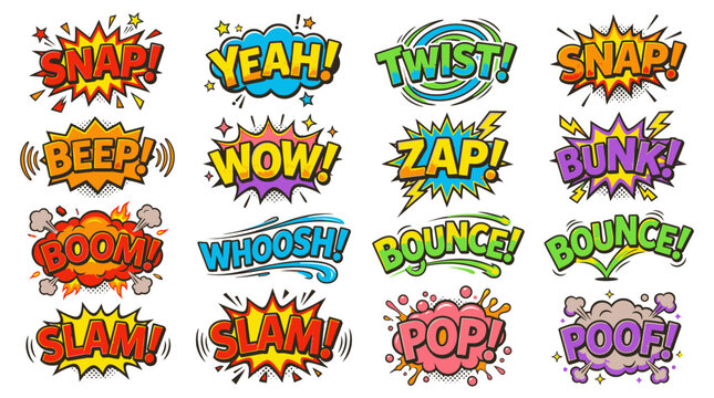 Fun comic sound effects set snap yeah beep wow.