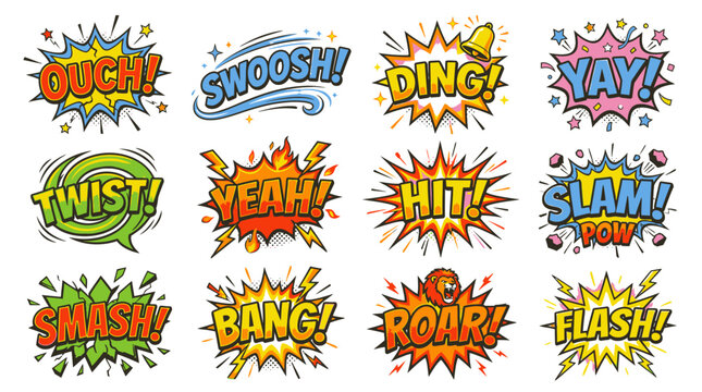 Fun comic strip sound stickers with ouch and yay.