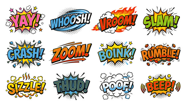 Cartoon style comic book sound effects and explosion bubbles.