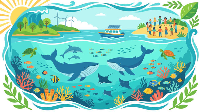 Cena vibrante de ecossistema marinho e costeiro com vida selvagem, energia renov&aacute;vel e comunidade unida pela conserva&ccedil;&atilde;o ambiental.