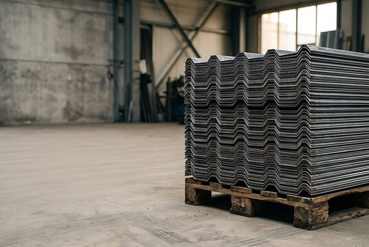 Stack of corrugated metal roofing sheets on a wooden pallet in a warehouse