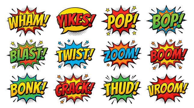 Halftone comic text bubbles and sound effects collection.