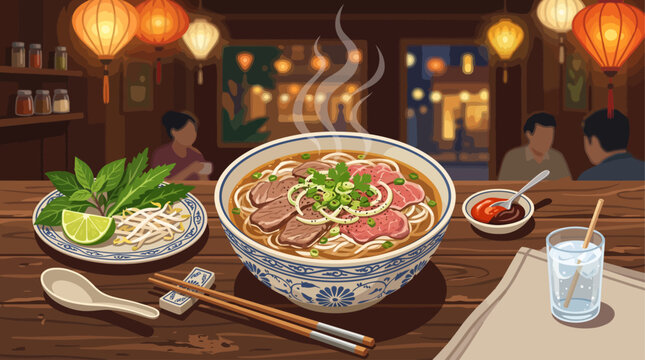 A Detailed Flat Vector Illustration of a Steaming Bowl of Vietnamese Beef Pho Served in a Traditional Restaurant Setting