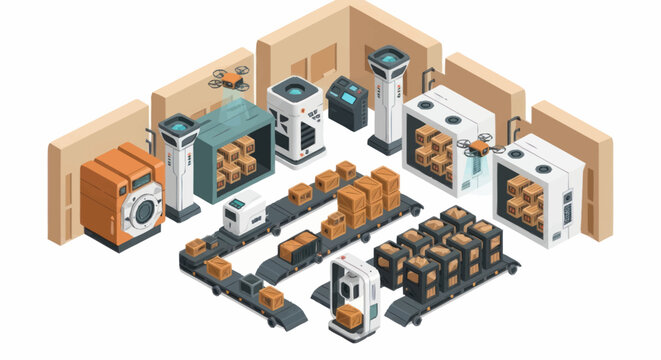 Automated Warehouse Logistics System with Conveyor Belts and Robots.