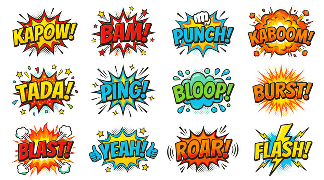 High energy comic book superhero action bubble set.