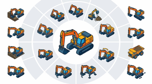 Collection of isometric construction excavators and dump trucks arranged in a circle.