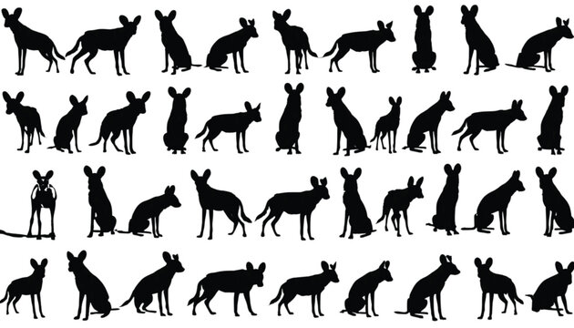 Jackals are arranged in this complete set of black silhouettes showing different stances and resting positions for wildlife documentation or creative graphic projects needing canine animal imagery.
