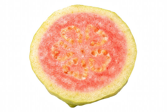 Sliced fresh pink guava fruit showing inner pulp and seeds