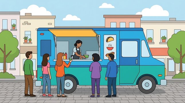 Flat vector illustration of people queuing at a food truck in the city