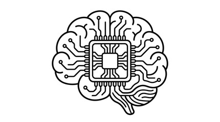 Fototapeta premium Minimalist brain outline with central integrated circuit chip.