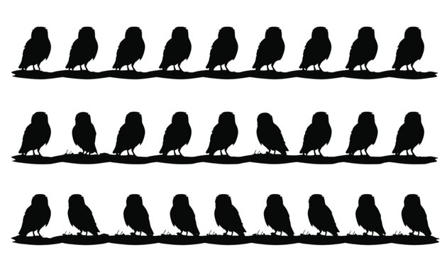Owls are arranged in a repeating pattern of black silhouettes standing on a textured ground line providing a versatile graphic resource for nature themed compositions and editorial layouts.