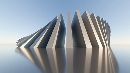 Abstract 3D render of futuristic white geometric pillars twisting in a circular wave on a reflective surface. Ideal for corporate presentation backdrops and tech website banners