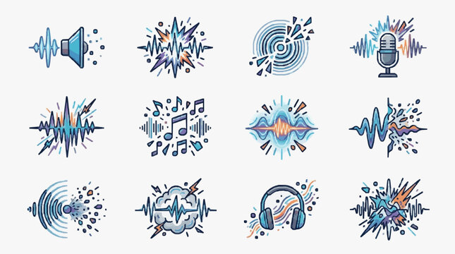 Colorful Abstract Sound Wave Icons Set.