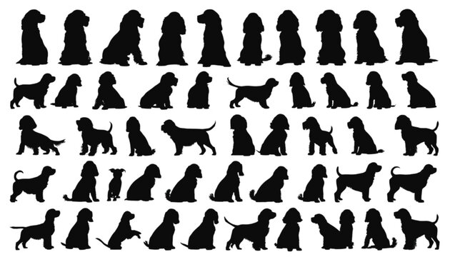 Puppies are illustrated in a diverse array of black silhouettes showcasing different sitting and standing poses suitable for various creative graphic design applications and pet themed projects.