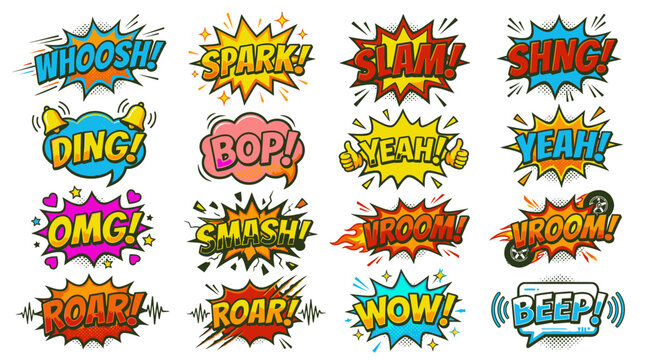 Retro comic style sound effect bubbles and starbursts