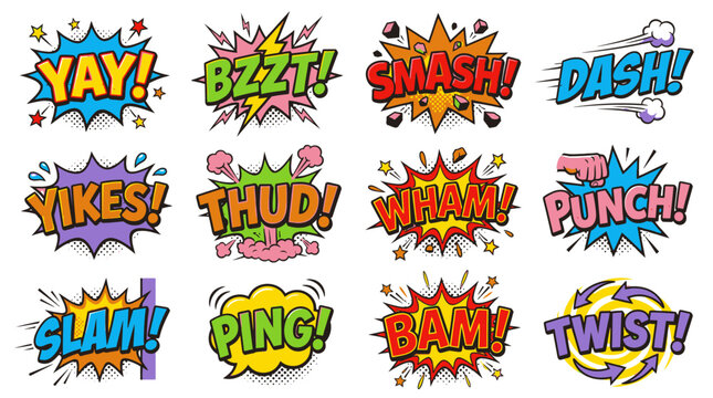 Retro comic style speech bubbles with action sound effects.
