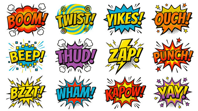 Set of comic book sound effect bubbles for design.