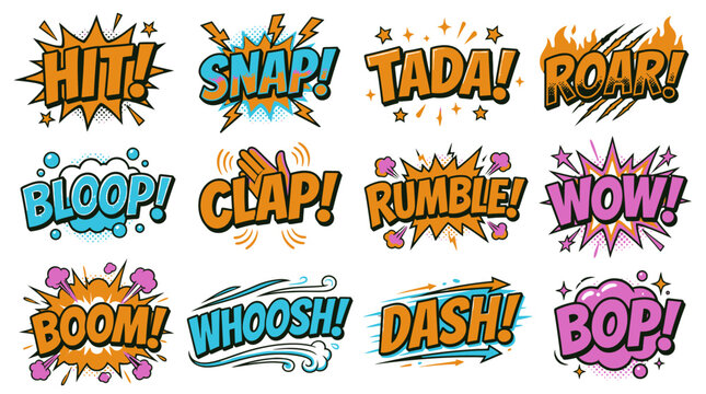 Retro comic book action sound expressions set.