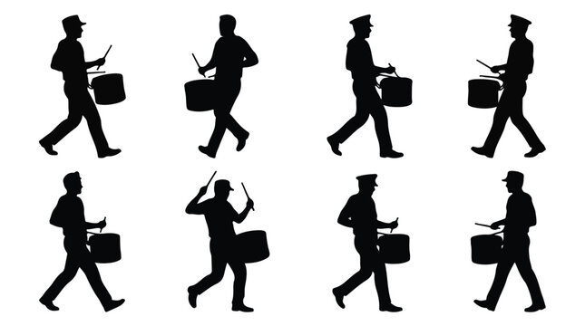 Silhouette of six marching drummers in synchronized performance against plain background vector illustration
