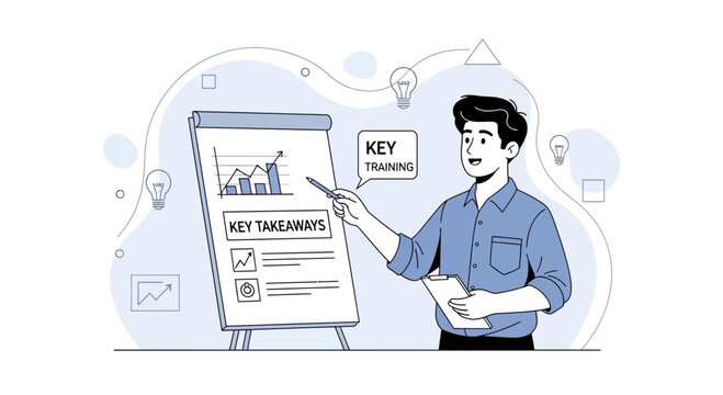 Man Presenting Key Takeaways and Training with Flip Chart and Graphs - Business Meeting or Education Concept