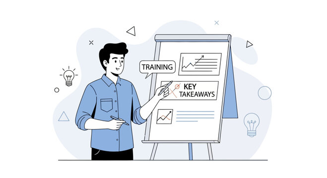 Man presenting training with key takeaways and charts on a whiteboard, modern flat illustration style, business concept