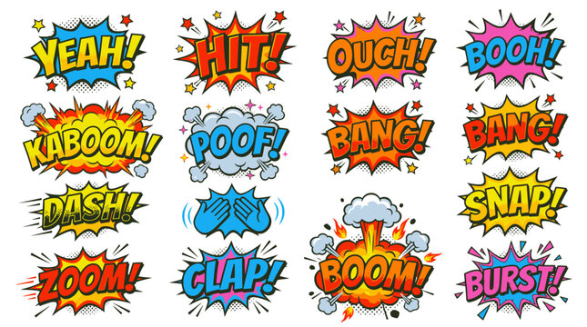 Retro comic book speech bubbles with boom and bang sounds.