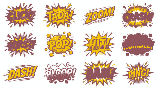 Retro comic book style sound effects and bubbles set.