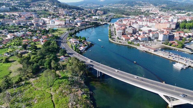 Aerial view of Pontevedra city with the Corrientes bridge
