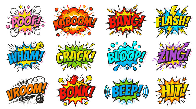 Retro comic book style sound effects on white background.