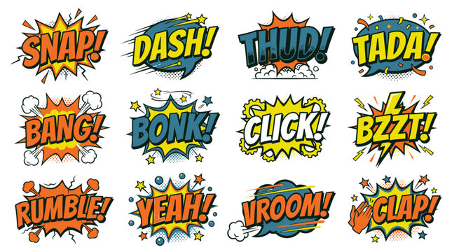Retro comic onomatopoeia set snap dash thud bang rumble.