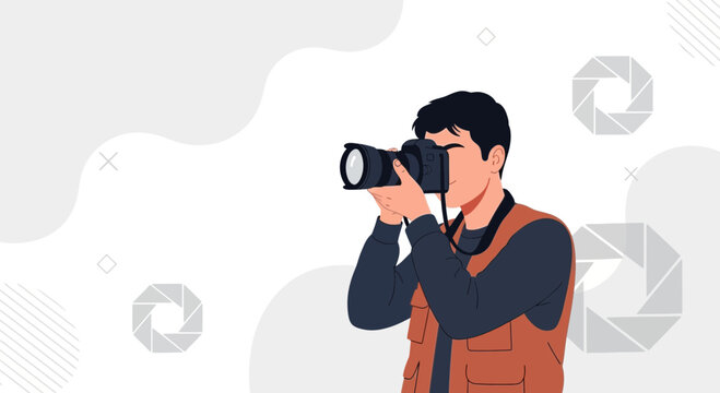 Professional Photographer Capturing a Moment with Camera, Modern Vector Illustration with Abstract Background Elements