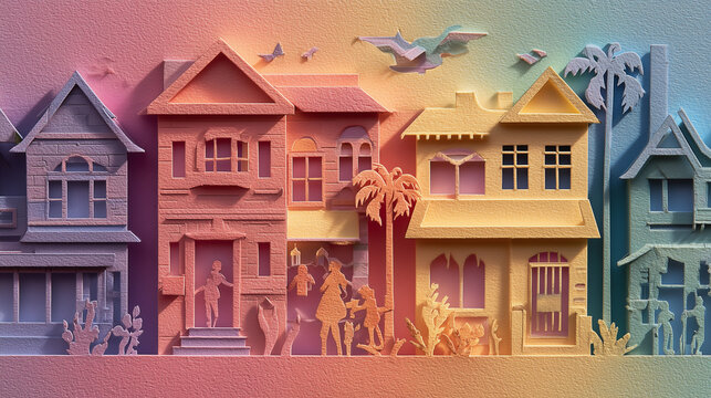 Paper cut shadowbox art of a neighborhood with people on their doorsteps for wallpaper