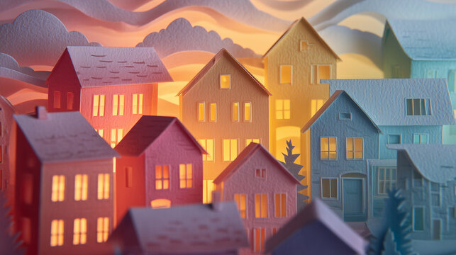 Paper cut shadowbox art of cityscape with house for wallpaper
