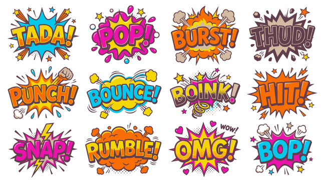 Retro comic sound effect labels with bounce and thud.