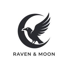 Fototapeta premium Raven and Moon Logo Design with Black Bird and Crescent Shape