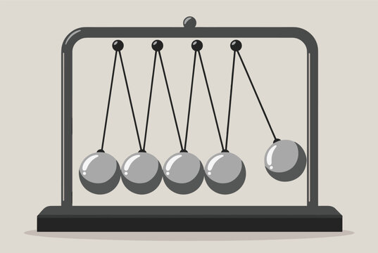 Classic physics demonstration of Newton cradle showing momentum and energy conservation with one steel ball in motion.
