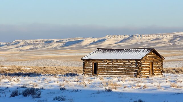 blockhouse. Square log blockhouse isolated in a snow-covered wilderness, soft winter light, desolate landscape. travel magazines, destination branding, designed for travel destination branding.