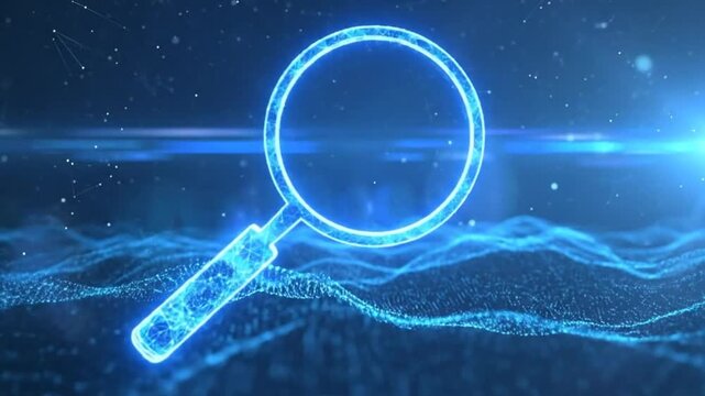 A glowing digital magnifying glass floats above a data landscape