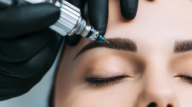 Professional aesthetician applying permanent makeup with a machine, enhancing eyebrow shape for cosmetic beauty