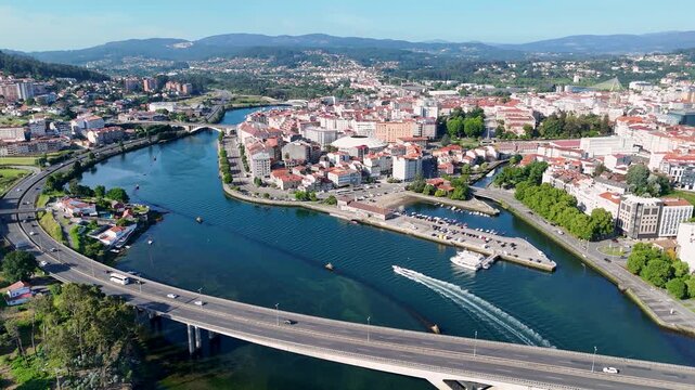 Aerial cityscape view of Pontevedra with the Lerez River and Puente de la Ria