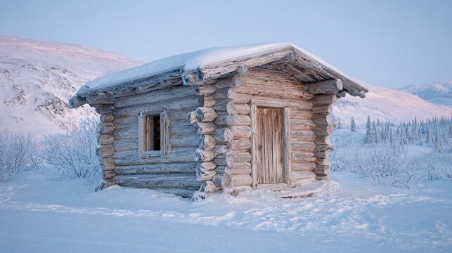 blockhouse. Square log blockhouse isolated in a snow-covered wilderness, soft winter light, desolate landscape. travel magazines, destination branding, designed for travel destination branding.
