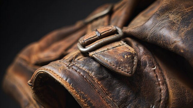 scuff. Close-up of a worn leather jacket with detailed stitching and buckles. travel magazines, destination branding, designed for travel destination branding, elevates destination branding.