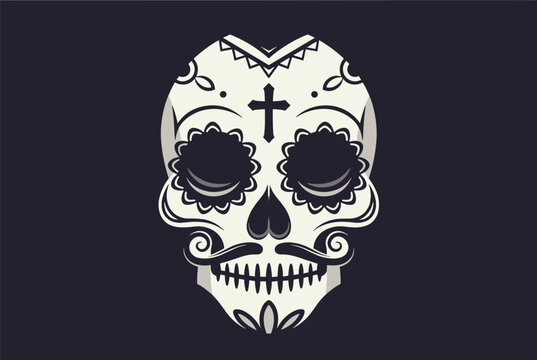 Ornate sugar skull decoration for the Day of the Dead or Dia de los Muertos, featuring a cross on the forehead and traditional patterns on dark background.