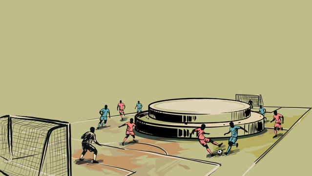 Blank round podium for product presentation at the middle of soccer field hand drawn childish style on light green background have blank space.