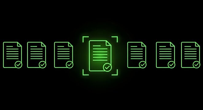 Glowing green document icons with checkmark and selection frame